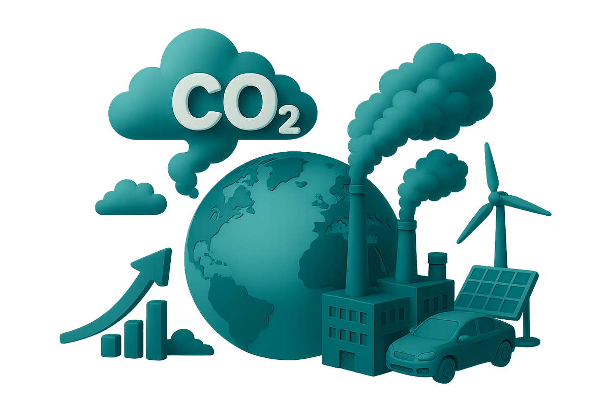 Illustrazione 3D con fabbriche, auto, turbine eoliche e pannelli solari attorno al pianeta Terra, con nuvole di CO₂ e grafico in crescita: rappresenta l’impatto delle emissioni e la transizione verso l’energia pulita, tema centrale del CBAM