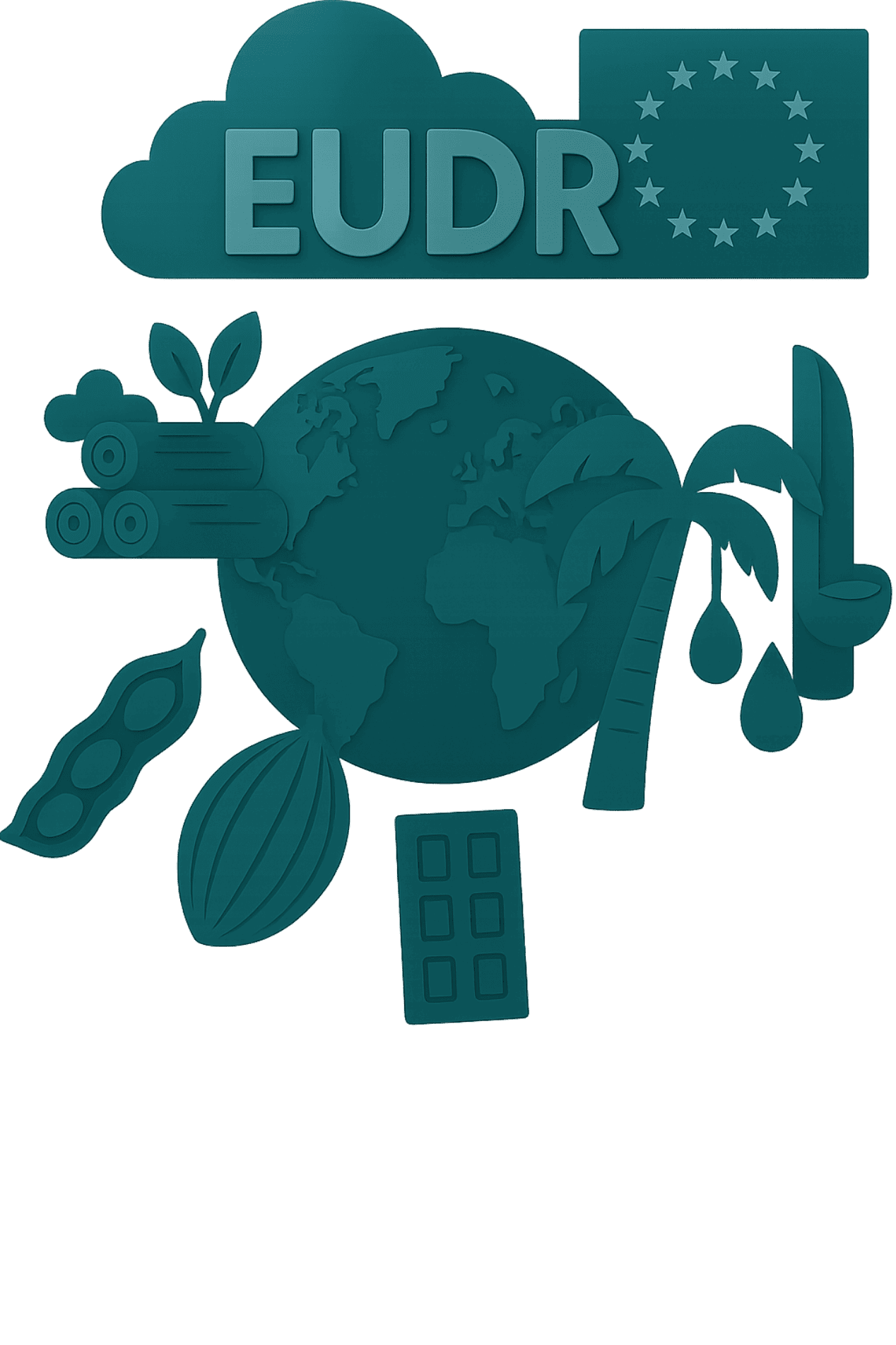 Illustrazione 3D del pianeta circondato da materie prime come legno, soia, cacao e olio di palma, con scritta EUDR e bandiera UE: rappresenta il controllo europeo sulla deforestazione legata all’importazione di specifici prodotti