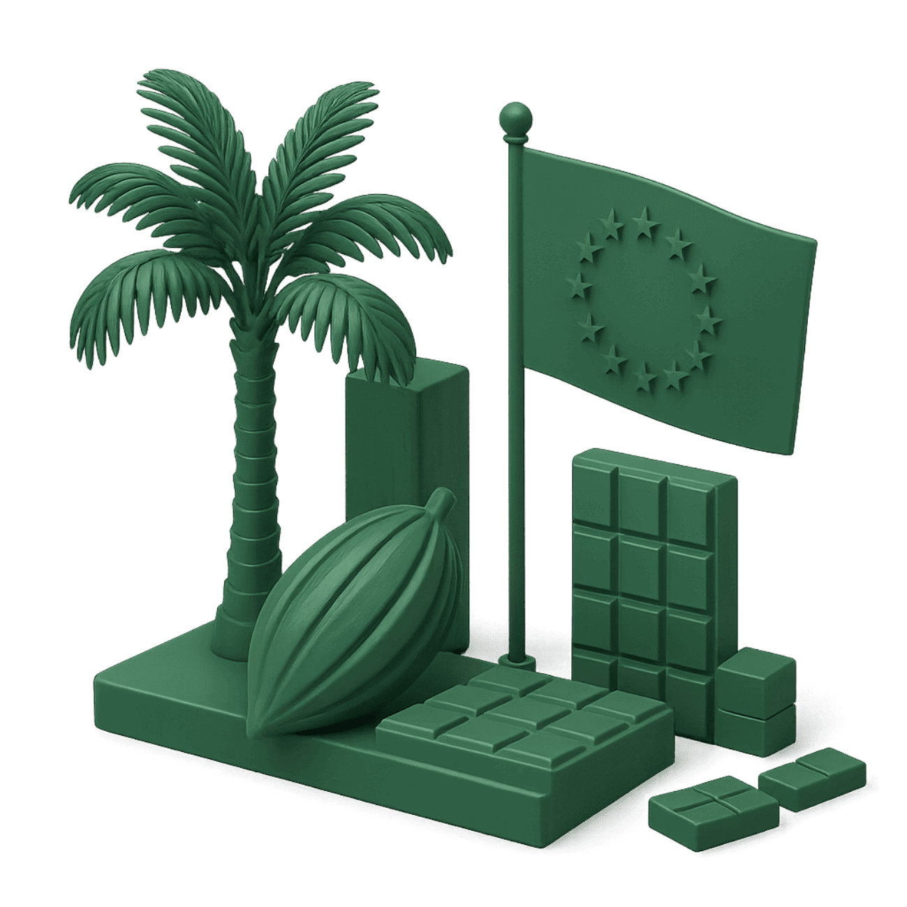 Illustrazione 3D con palma, cabossa di cacao, tavolette di cioccolato e bandiera dell’Unione Europea: simboleggia l’impatto del regolamento EUDR sui prodotti agricoli importati