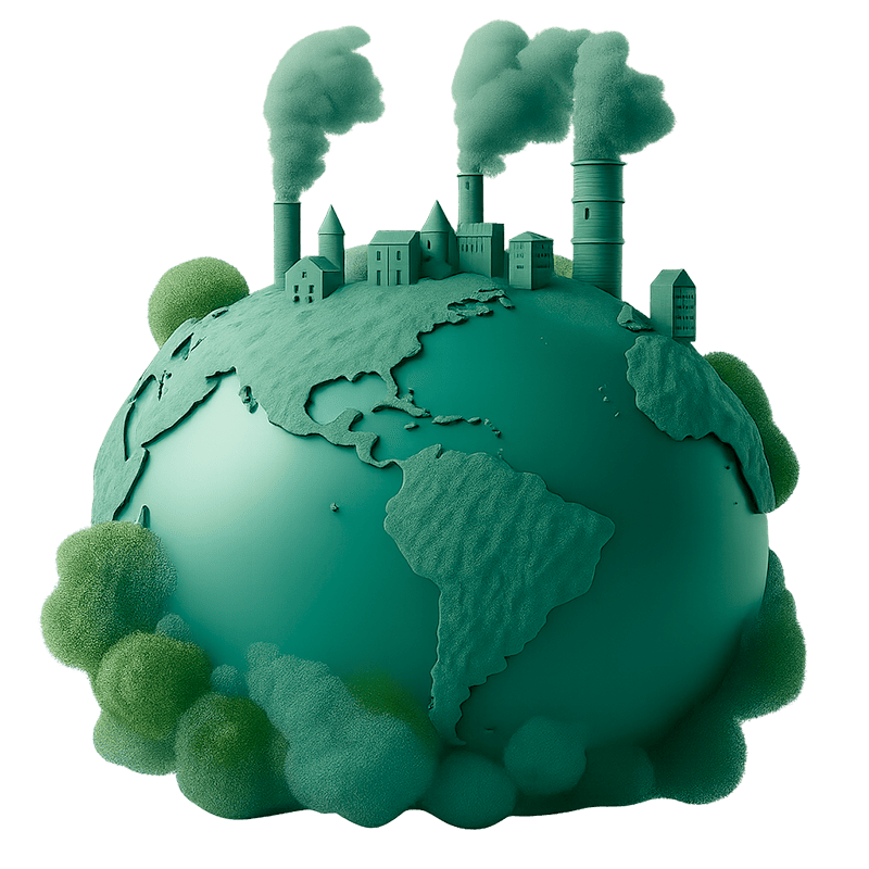 Globo terrestre verde 3D con Americhe, sormontato da fabbriche fumanti: illustra le emissioni di CO₂ che il CBAM vuole contrastare