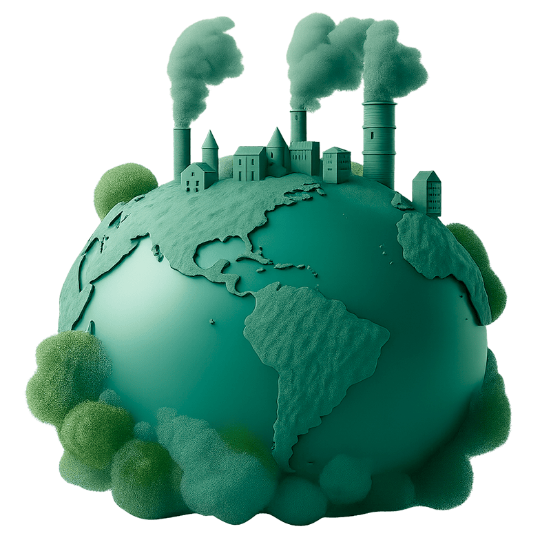 Globo terrestre verde 3D con Americhe, sormontato da fabbriche fumanti: illustra le emissioni di CO₂ che il CBAM vuole contrastare